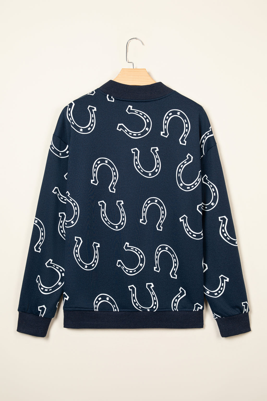 Blue Western Horseshoe Print Mock Neck Casual Pullover Sweatshirt