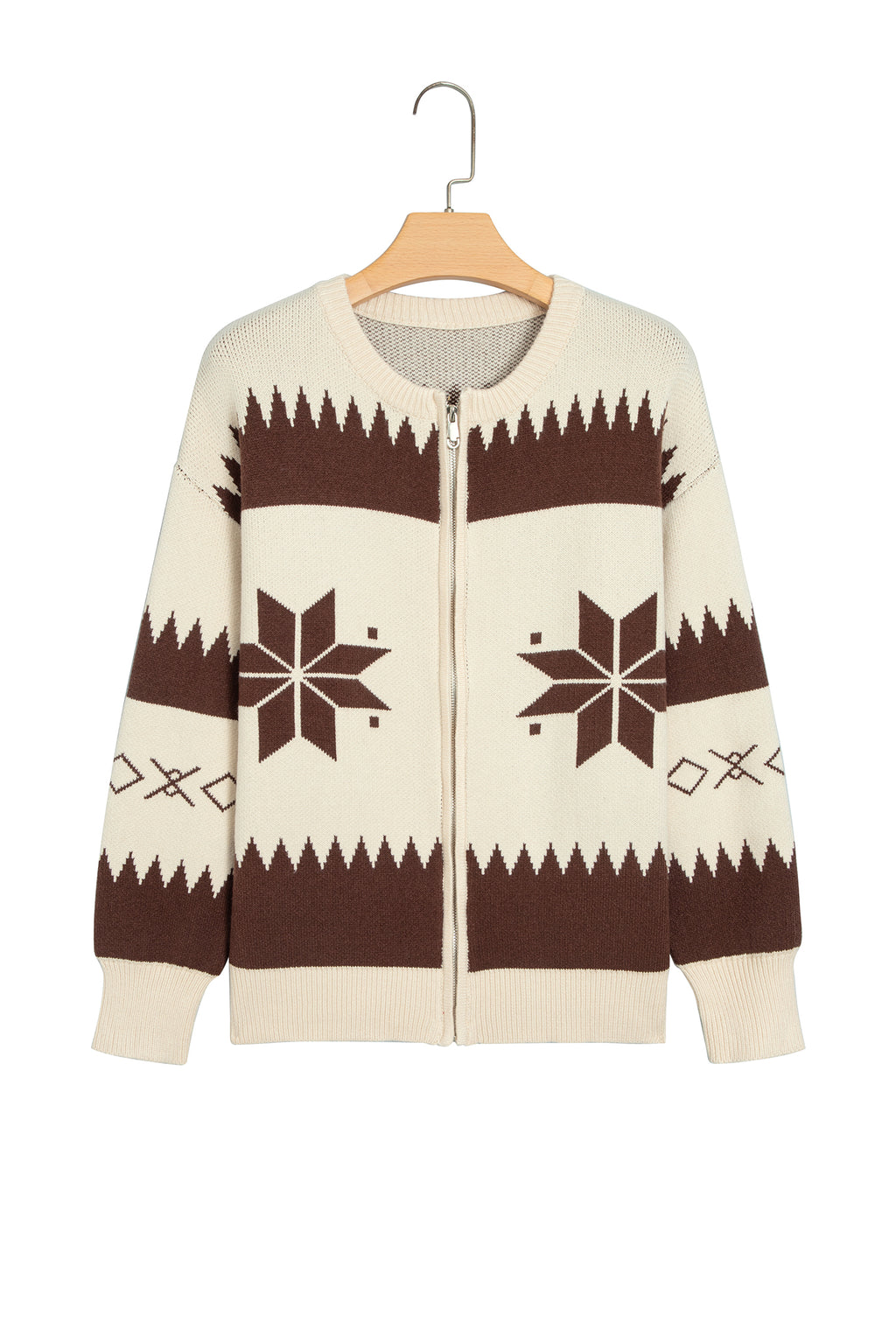 Beige Western Geometric Print Zip Front Loose Sweater Cardigan