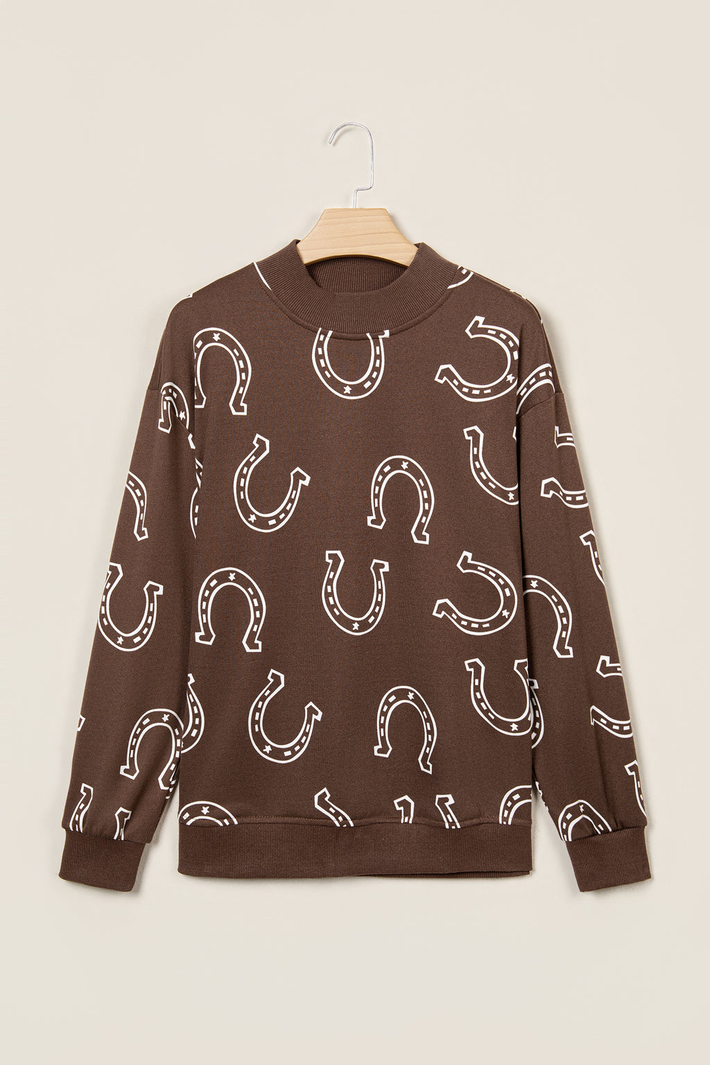 Blue Western Horseshoe Print Mock Neck Casual Pullover Sweatshirt