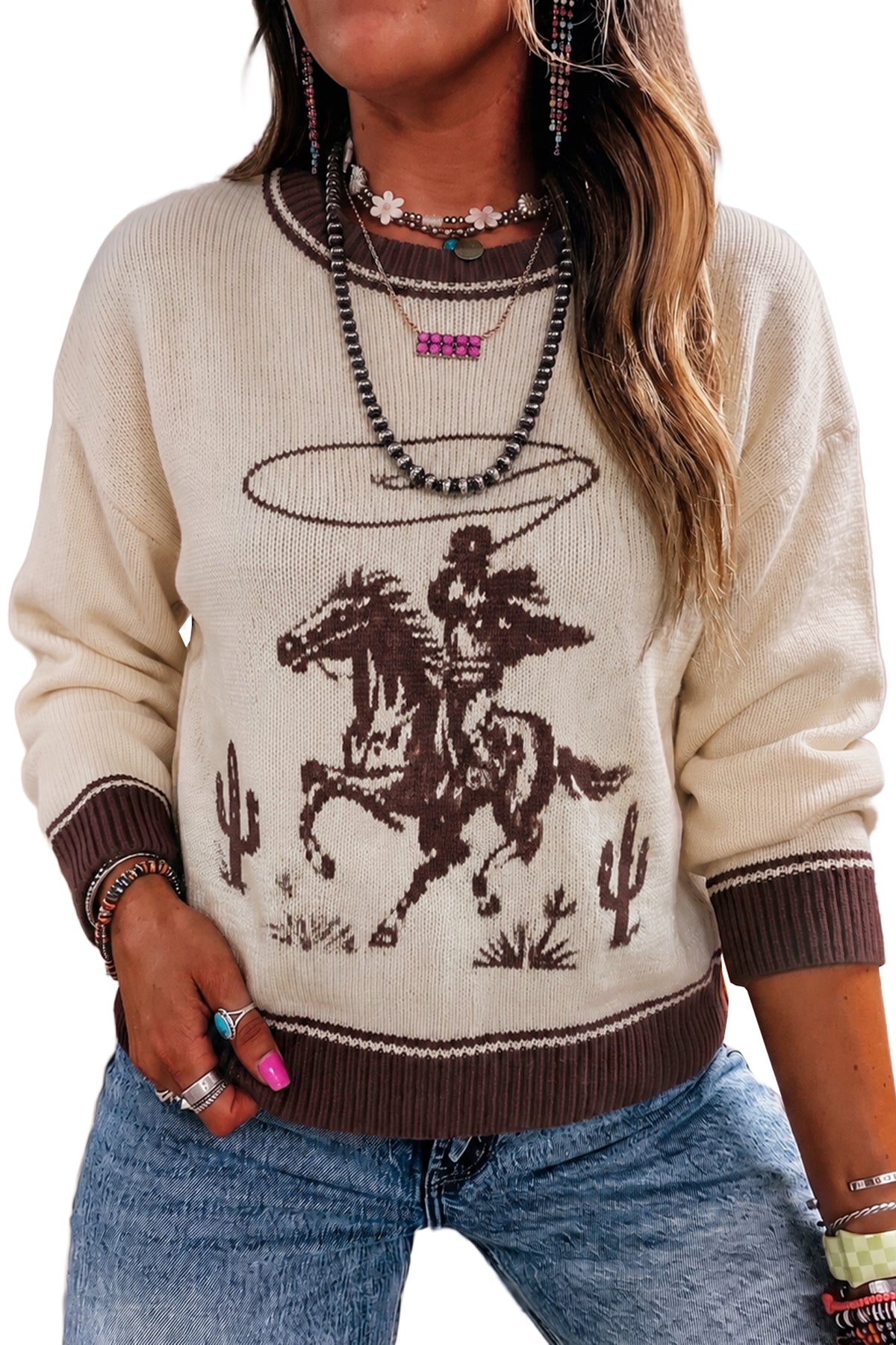 Oatmeal Western Print Color Block Ribbed Trim Crew Neck Shift Sweater