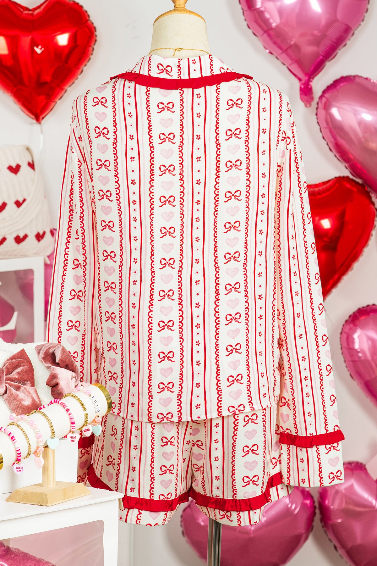 Red Sweet Floral Heart Bow Print Contrast Trim Long Sleeve Shirt Pajama Short Set