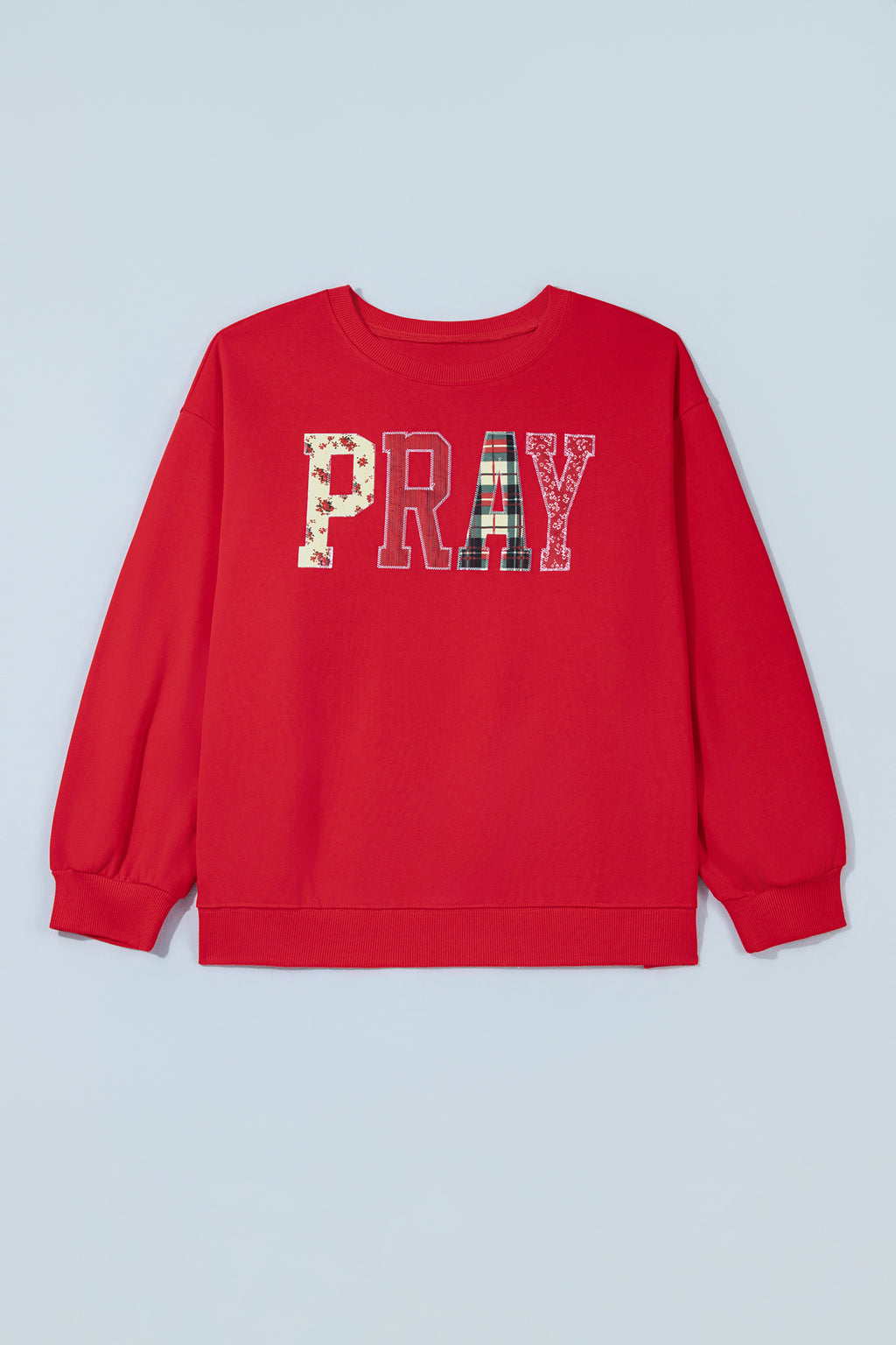 Coffee PRAY Letter Patchwork Round Neck Long Sleeve Plus Size Sweatshirt