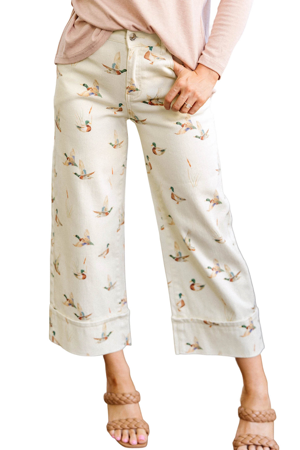Beige Stylish Mallard Printed Cuffed Hem Shift Jeans