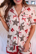 White Leopard Star Ribbon Bow Print Contrast Trim Short Pajama Set