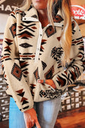 Beige Western Aztec Half Zip Plush Sweatshirt