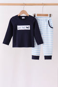 Navy Airplane Embroidery Pants Set