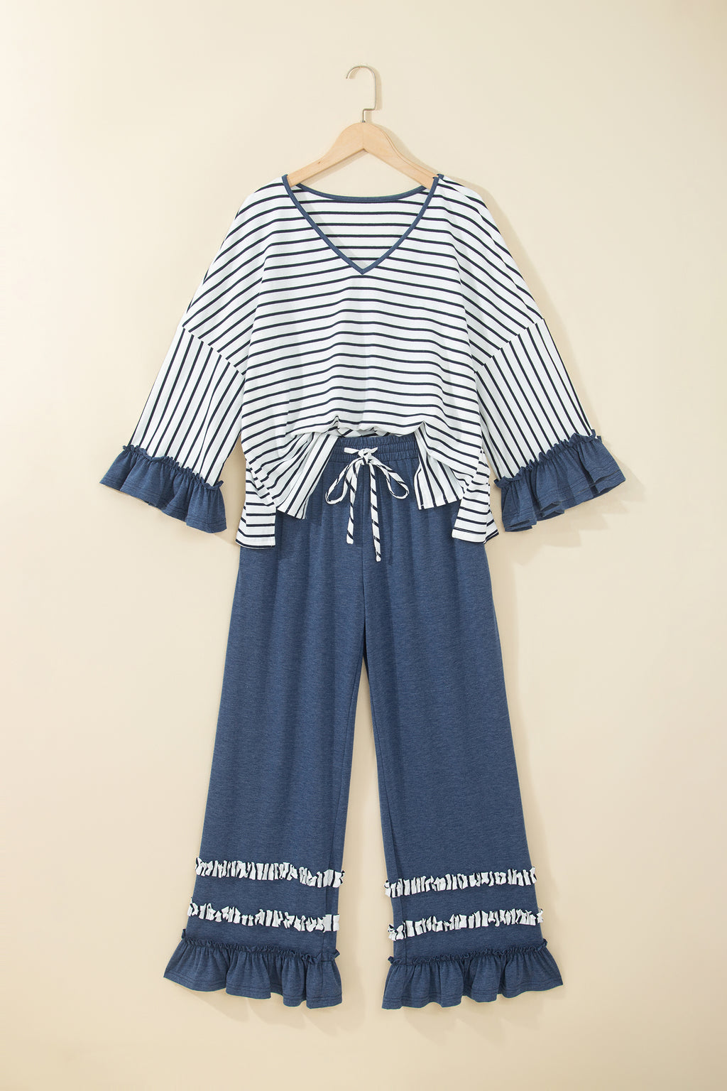 Khaki Stripe V Neck Ruffle Contrast Sleeve Top Drawstring Pants 2pcs Set