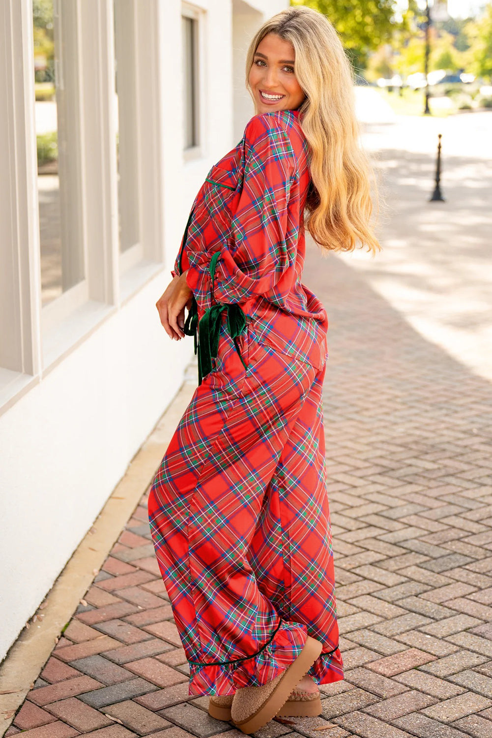 Fiery Red Christmas Plaid Satin Pajama Set with Contrast Velvet Ties
