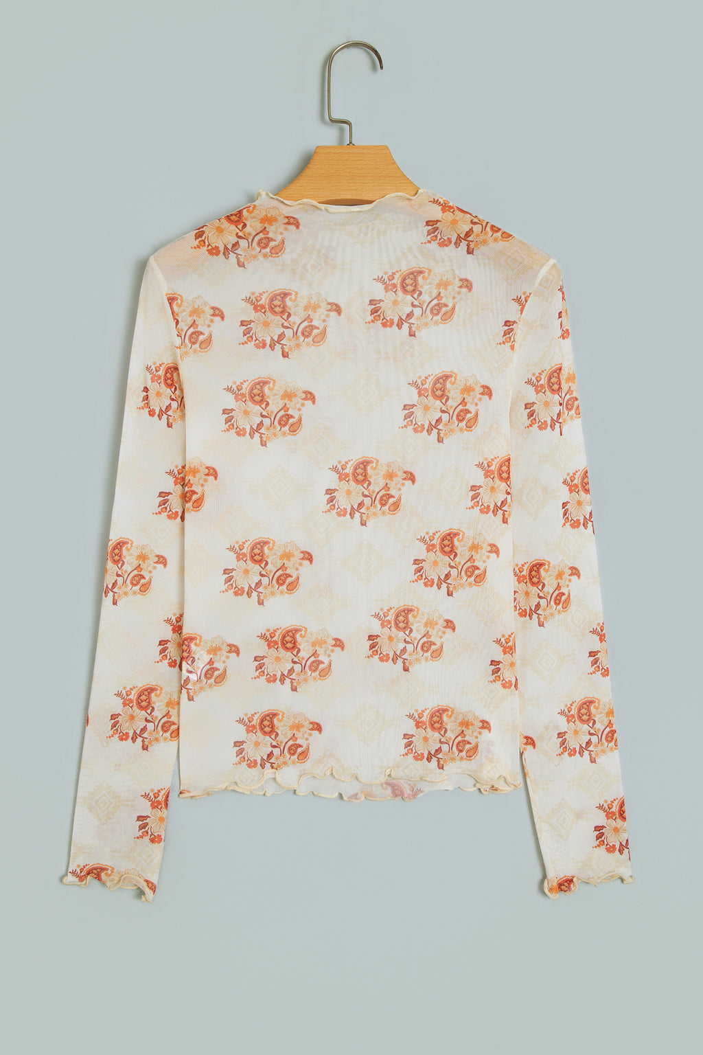 Oatmeal Western Print Slim Fit Mesh Long Sleeve Mock Neck Top