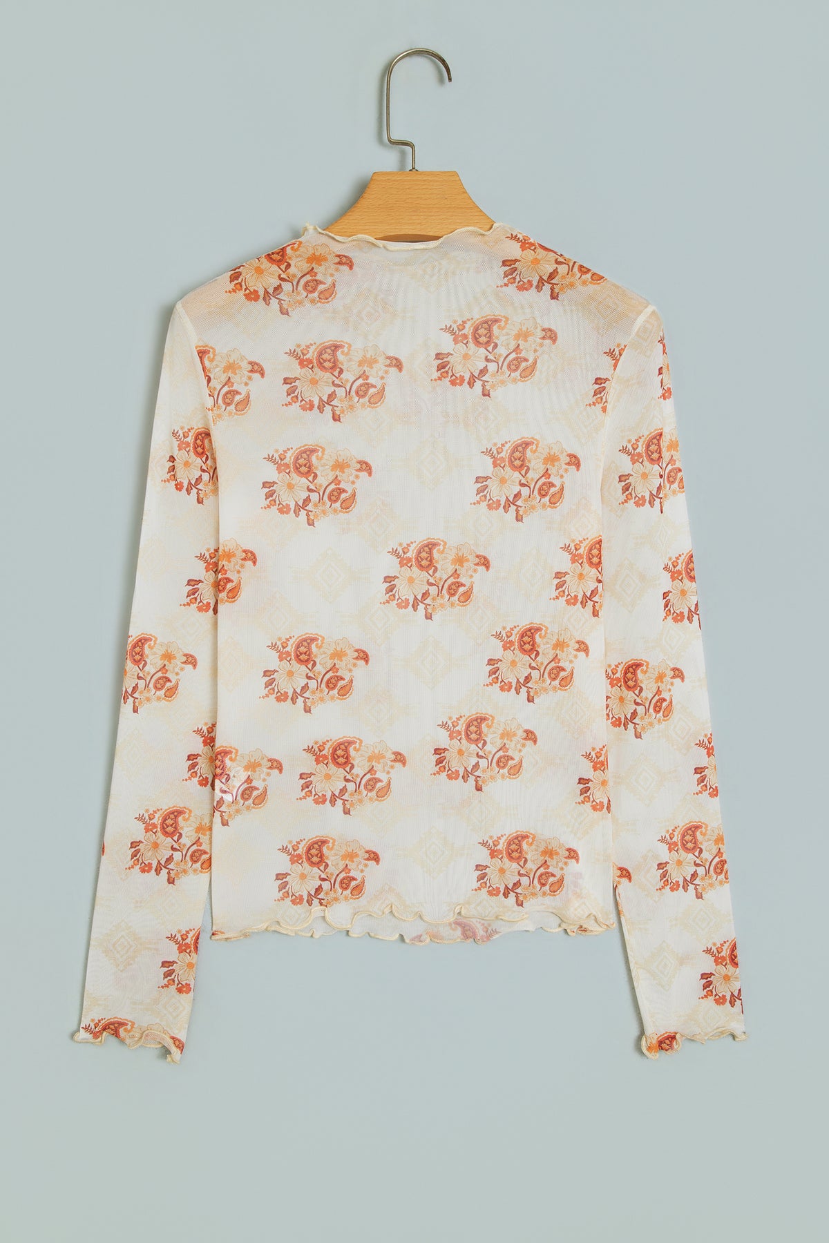Oatmeal Western Print Slim Fit Mesh Long Sleeve Mock Neck Top