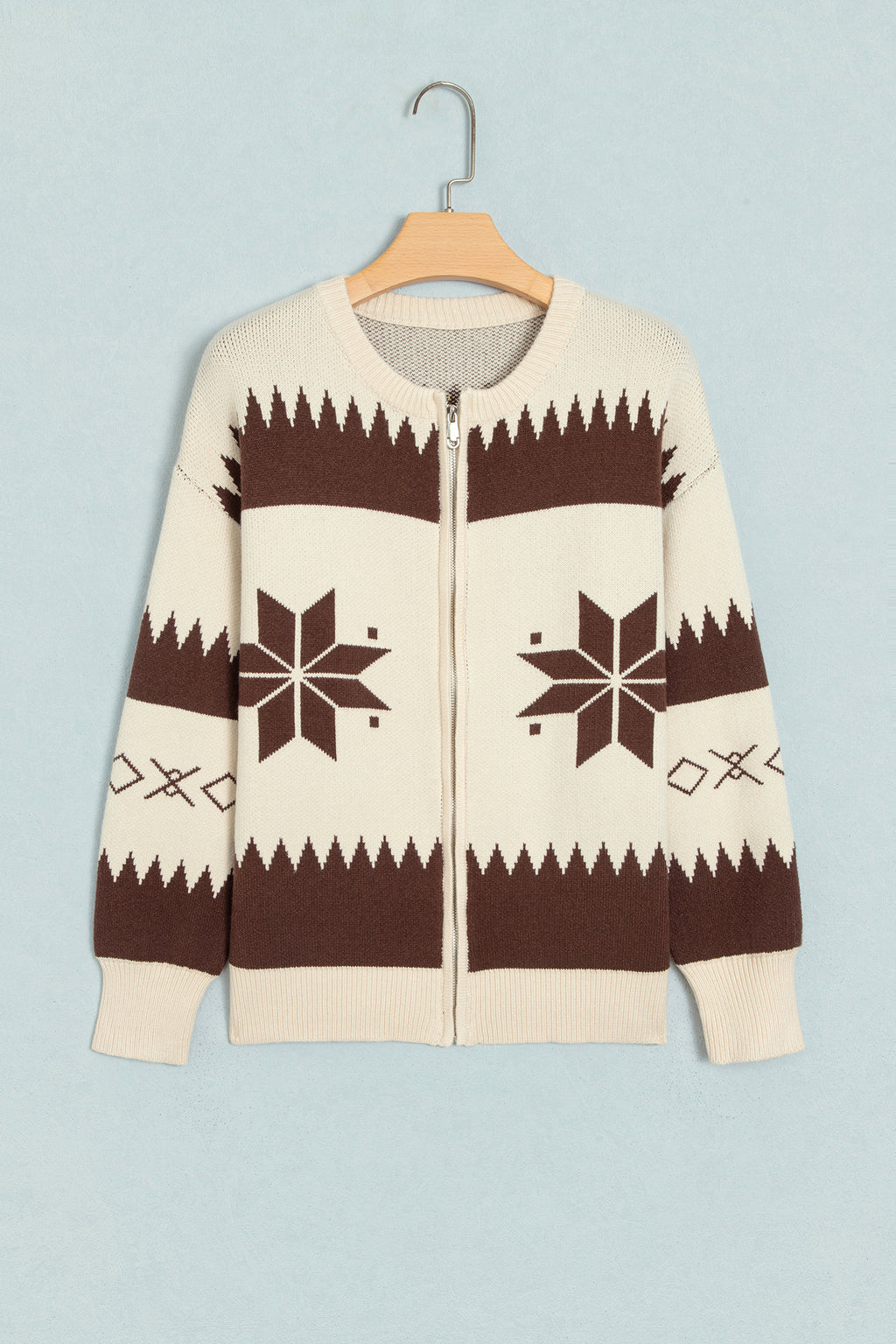 Beige Western Geometric Print Zip Front Loose Sweater Cardigan