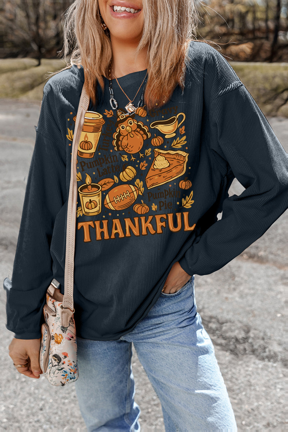 Dark Grey Twisted Ribbed THANKFUL Fall Fashion Printed Baggy Sweatshirt