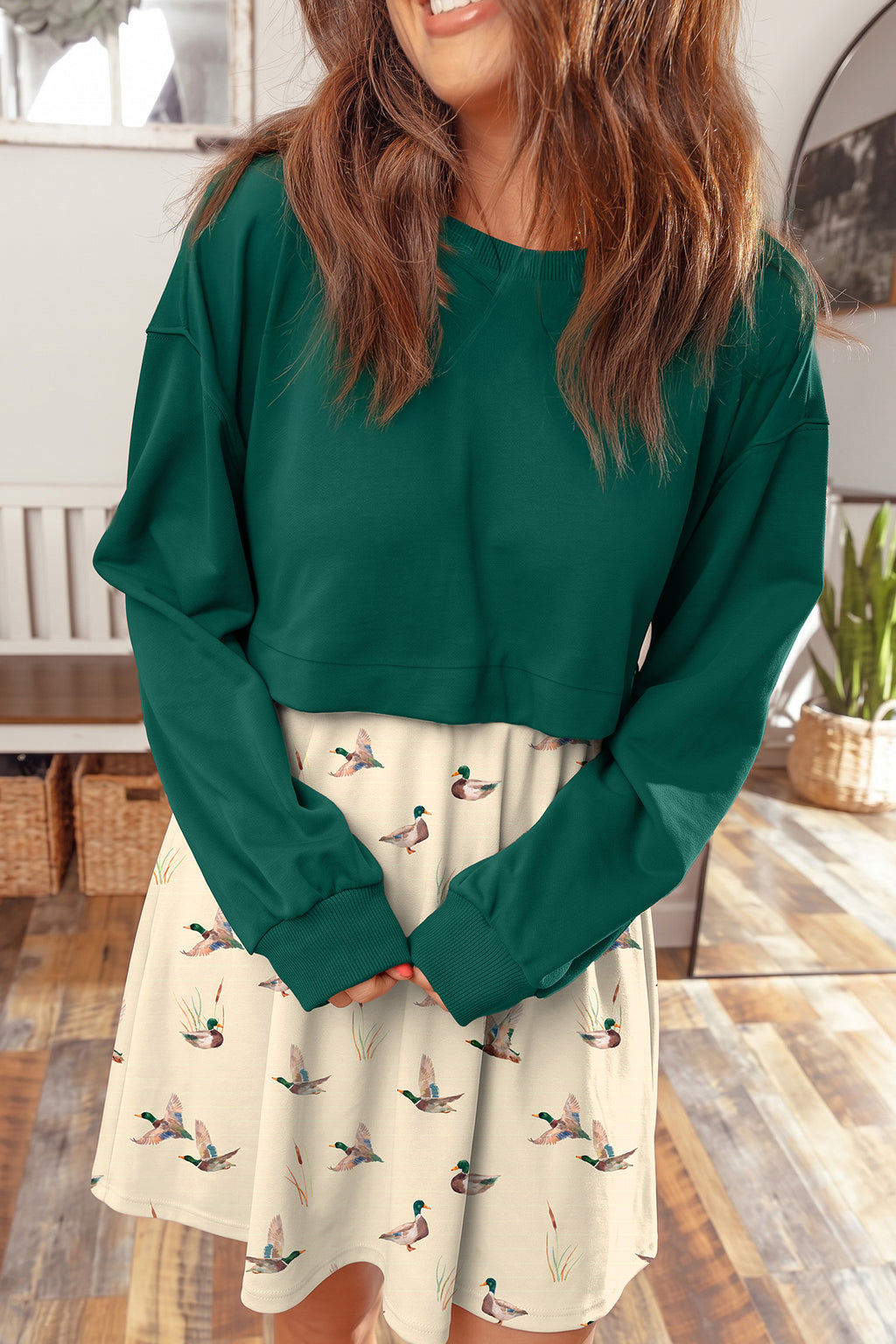 Orange Solid Long Sleeve Top Patchwork Floral Flared 2-in-1 Mini Dress