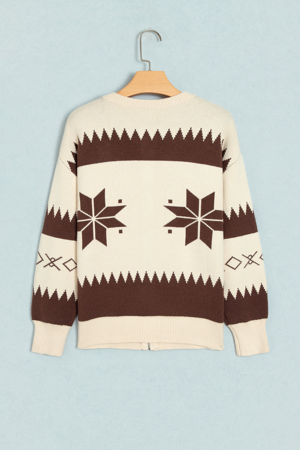 Beige Western Geometric Print Zip Front Loose Sweater Cardigan