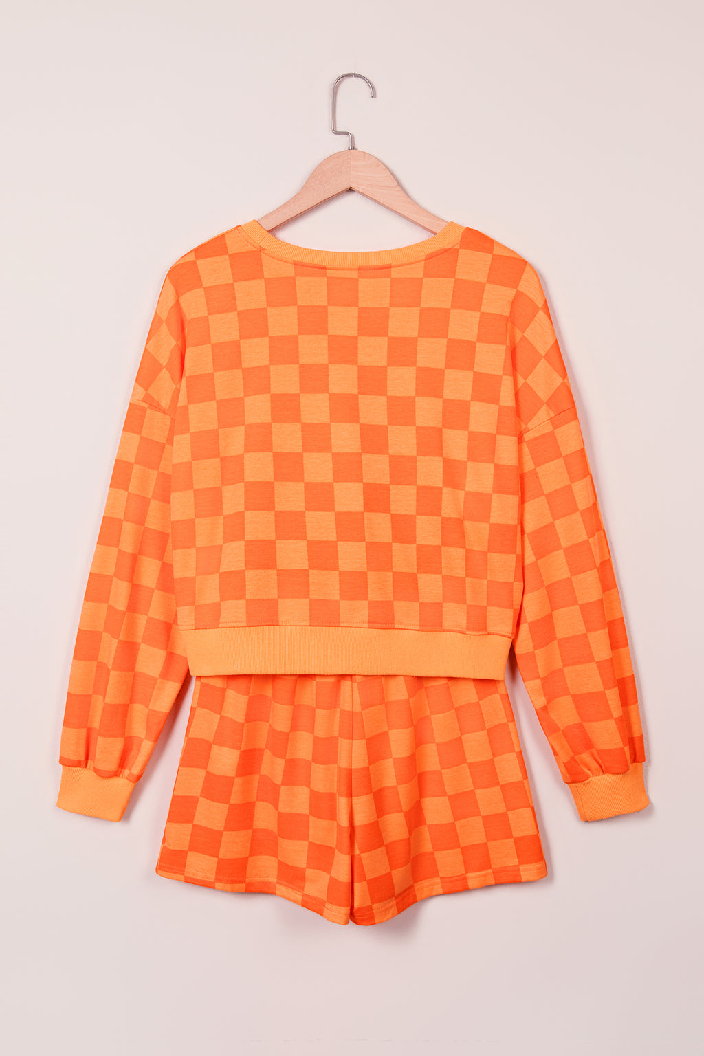 Dark Blue Plaid Checkered Long Sleeve Crop Top Elastic Waist Shorts Two Piece Set