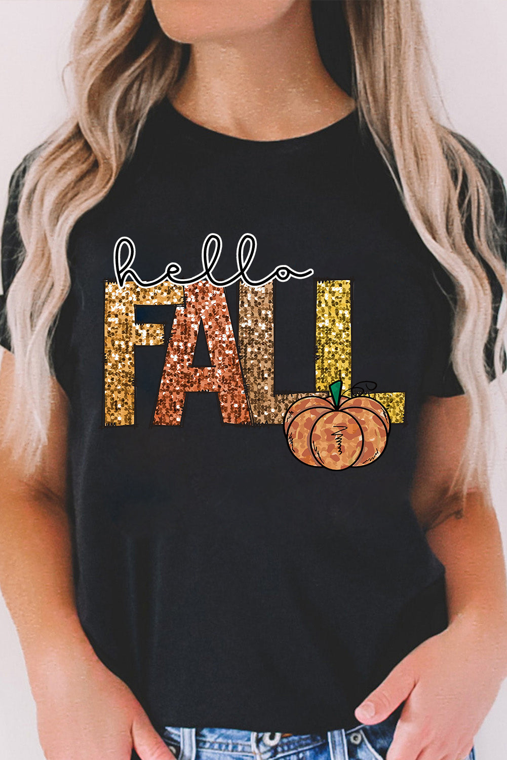 Black Hello Fall Letter Pumpkin Printed Thanksgiving T Shirt