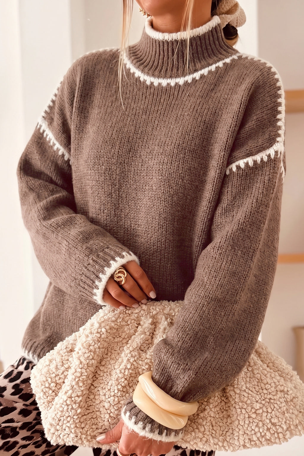 Dark Khaki Contrast Trim Mock Neck Drop Shoulder Relaxed Sweater