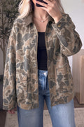 Multicolour Retro Camouflage Print Corduroy Contrast Collar Zip Denim Jacket