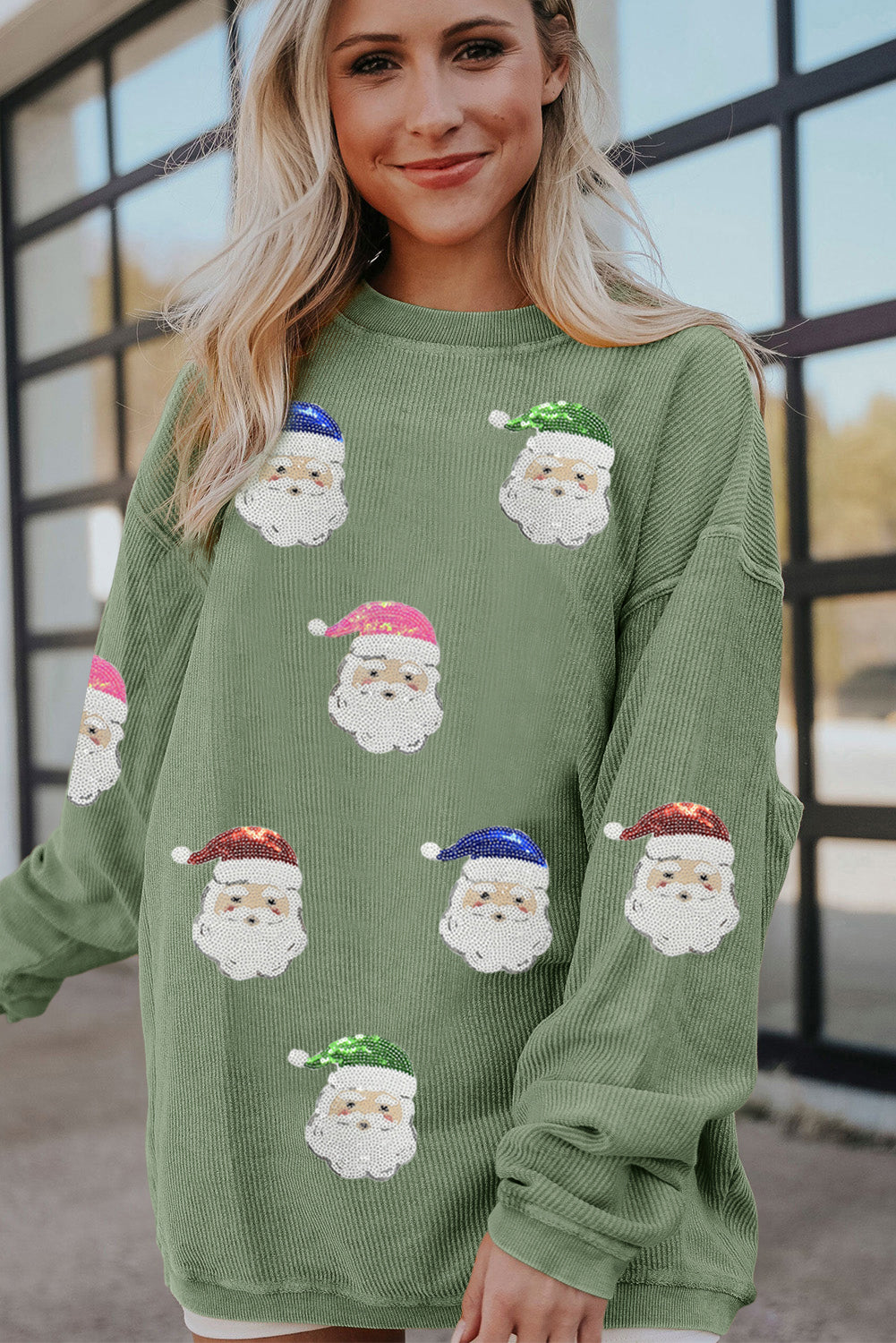 Grass Green Corded Ribbed Sequin Patched Santa Claus Graphic Sweatshirt