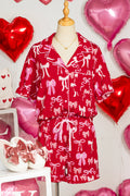 Red Sweet Bow Print Ruffled Short Sleeve Shirt Shorts 2pcs Pajama Set