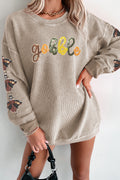 Smoke Gray Corded Ribbed Thanksgiving Turkey Sequin Patched Sleeve gobble Baggy Sweatshirt