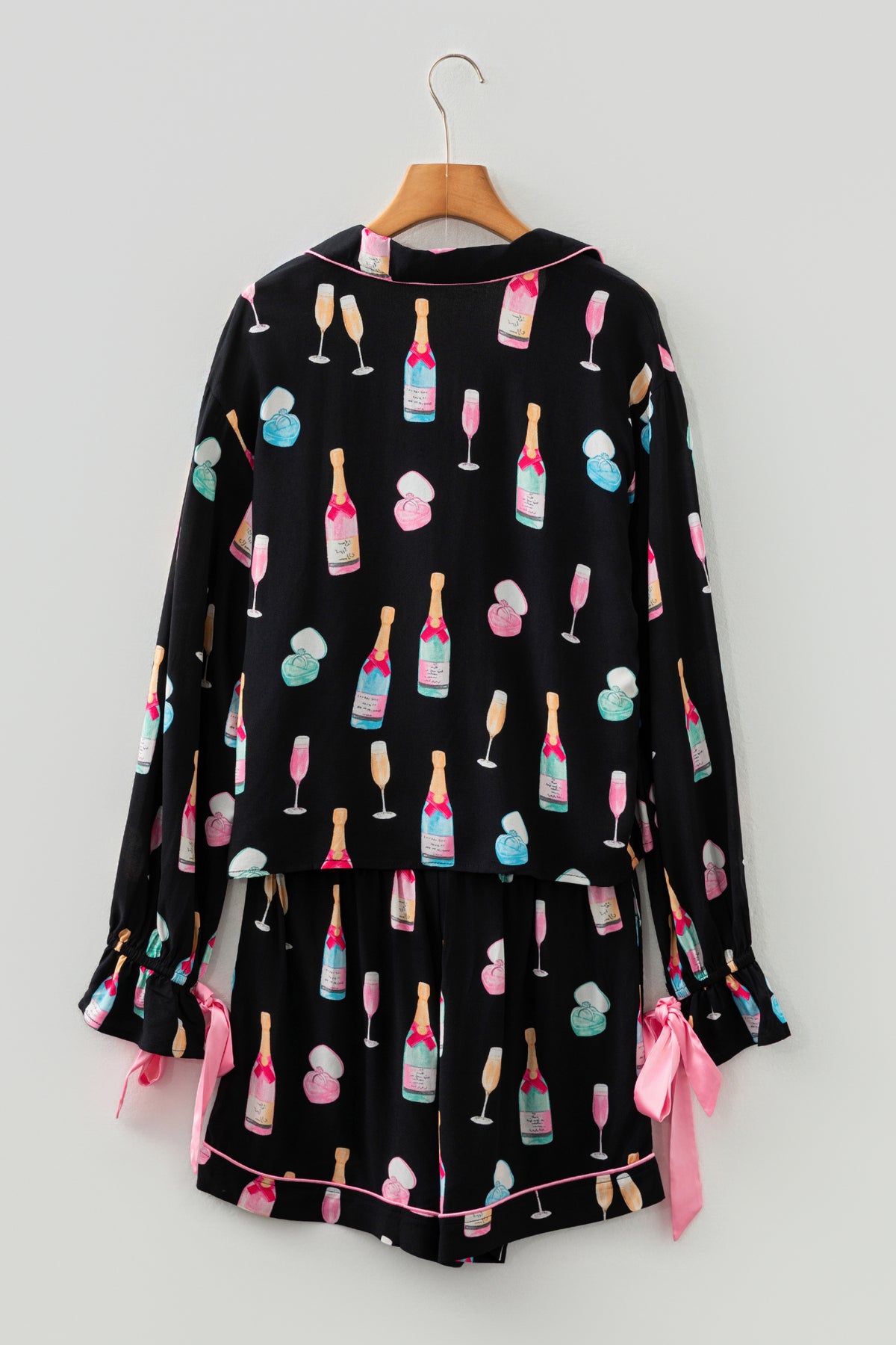 Color black Christmas Wine Glass Print Bow Knot Two Piece Pajama Set