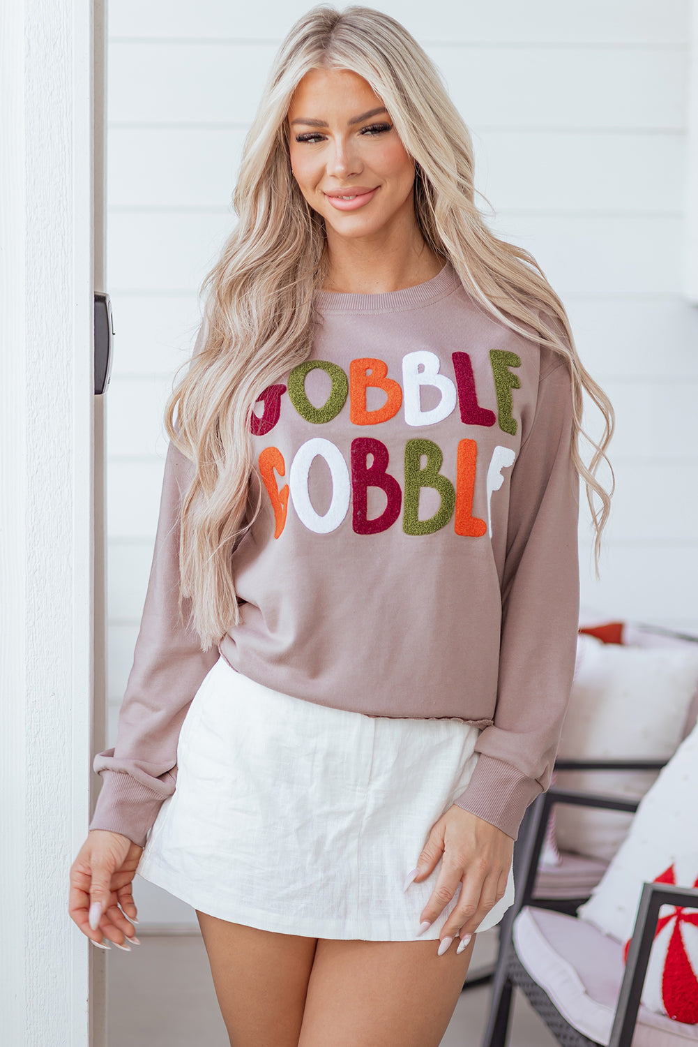 Dark Khaki GOBBLE Letter Graphic Thanksgiving Shift Sweatshirt
