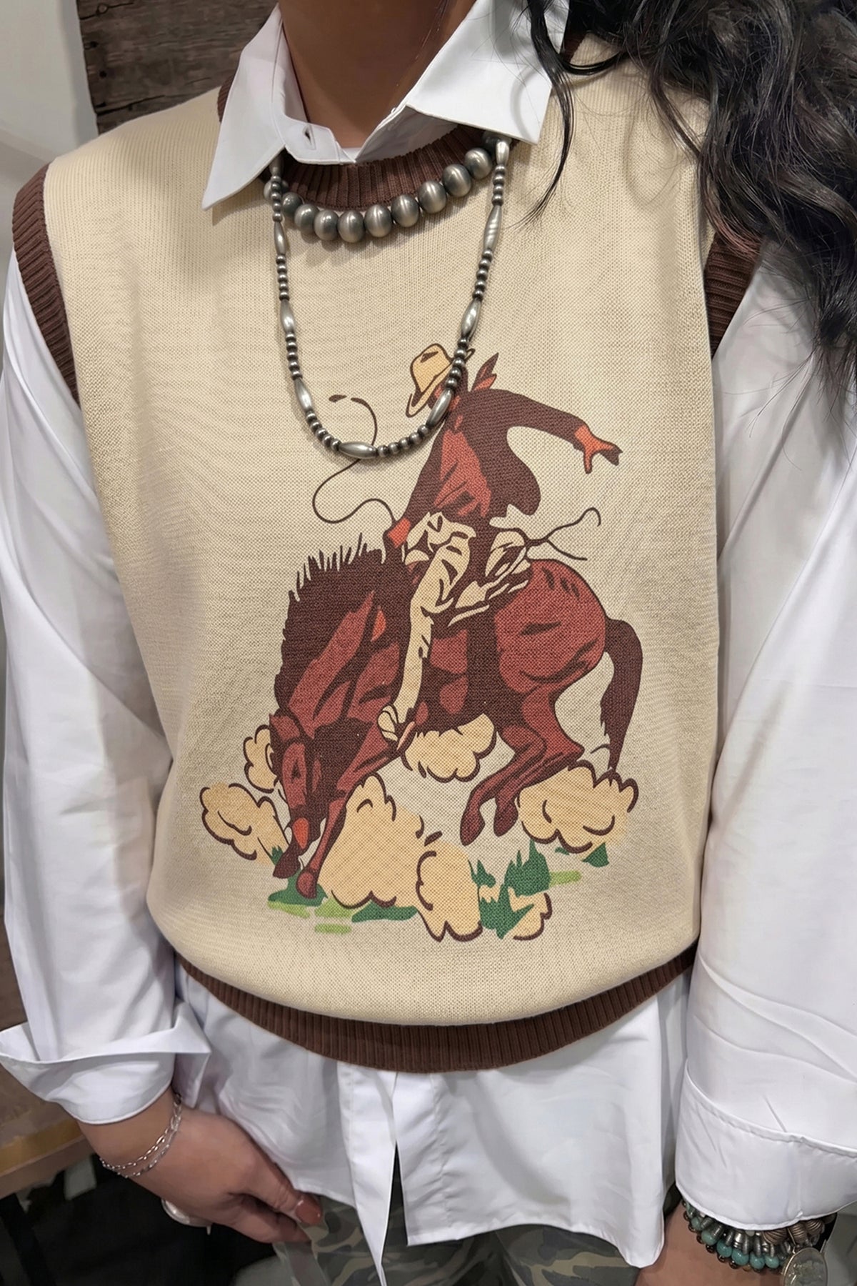 Khaki 100% Cotton Western Print Colorblock Trim Sleeveless Knitwear Vest
