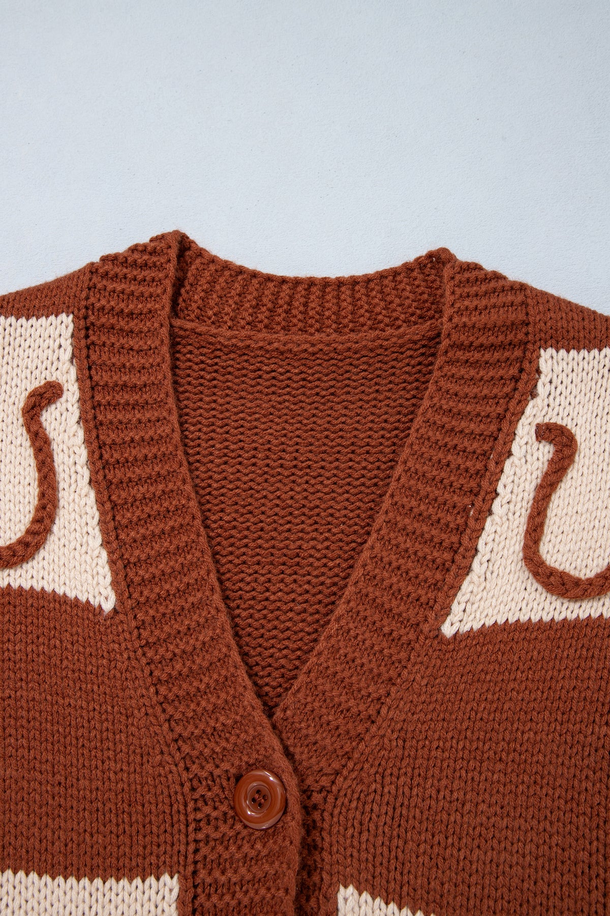 Brown Horseshoe Plaid V Neck Knit Button Front Sweater Cardigan