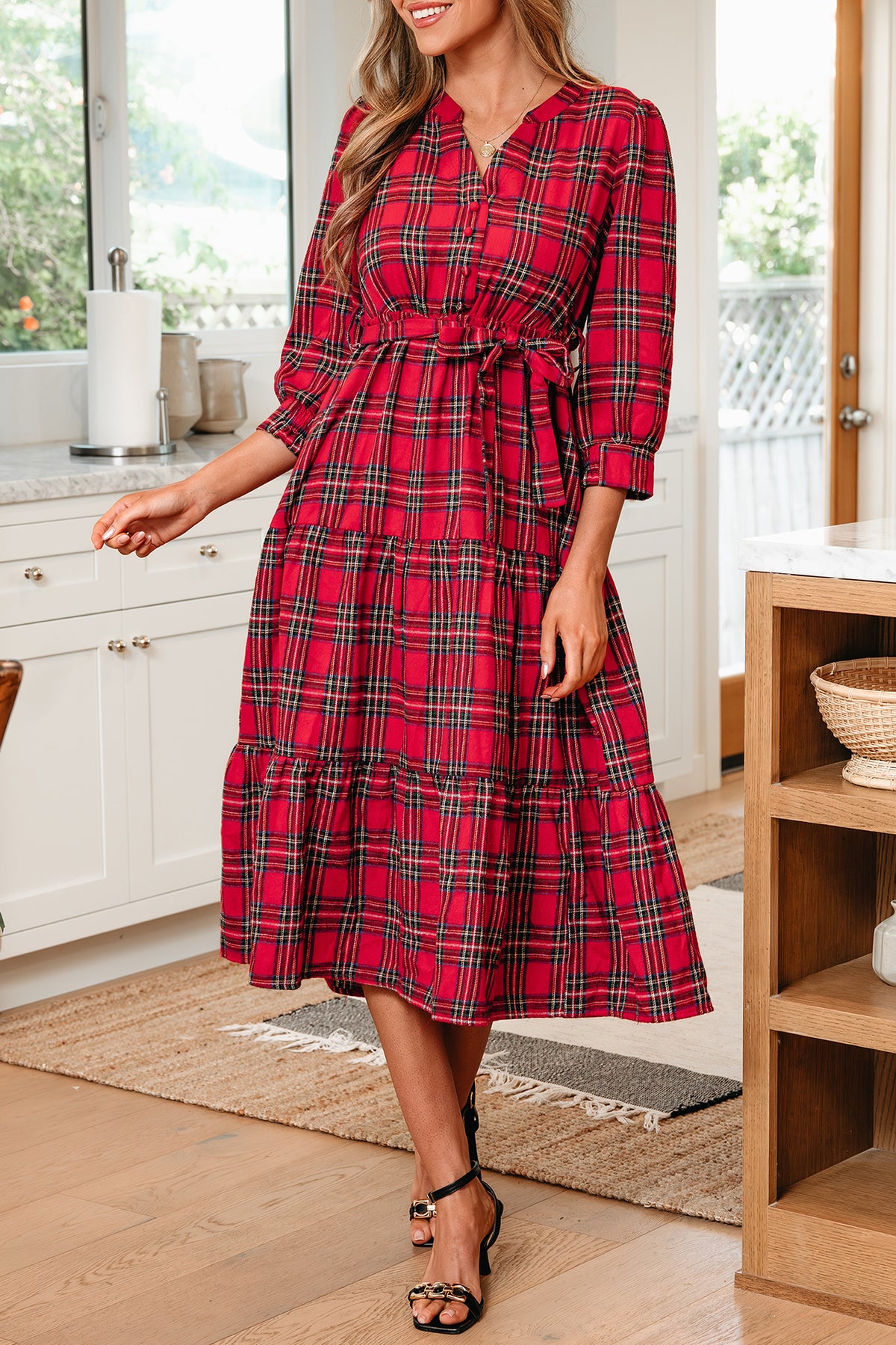 Red Christmas Plaid V Neck 3/4 Sleeve Tie Waist Ruffle Hem Long Dress