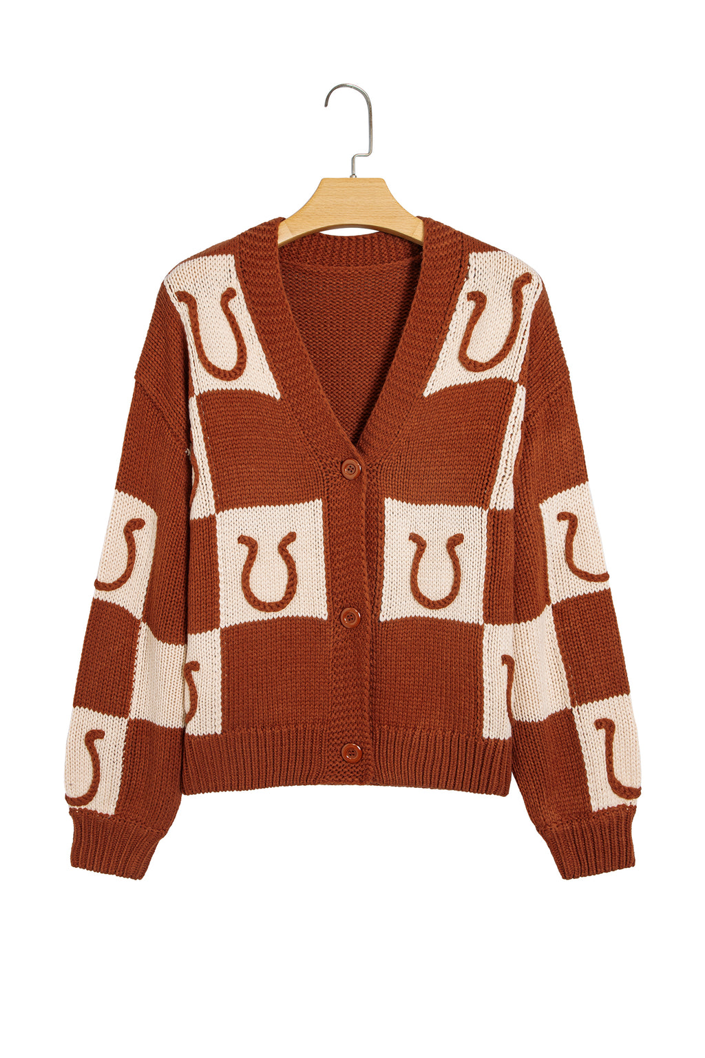 Brown Horseshoe Plaid V Neck Knit Button Front Sweater Cardigan