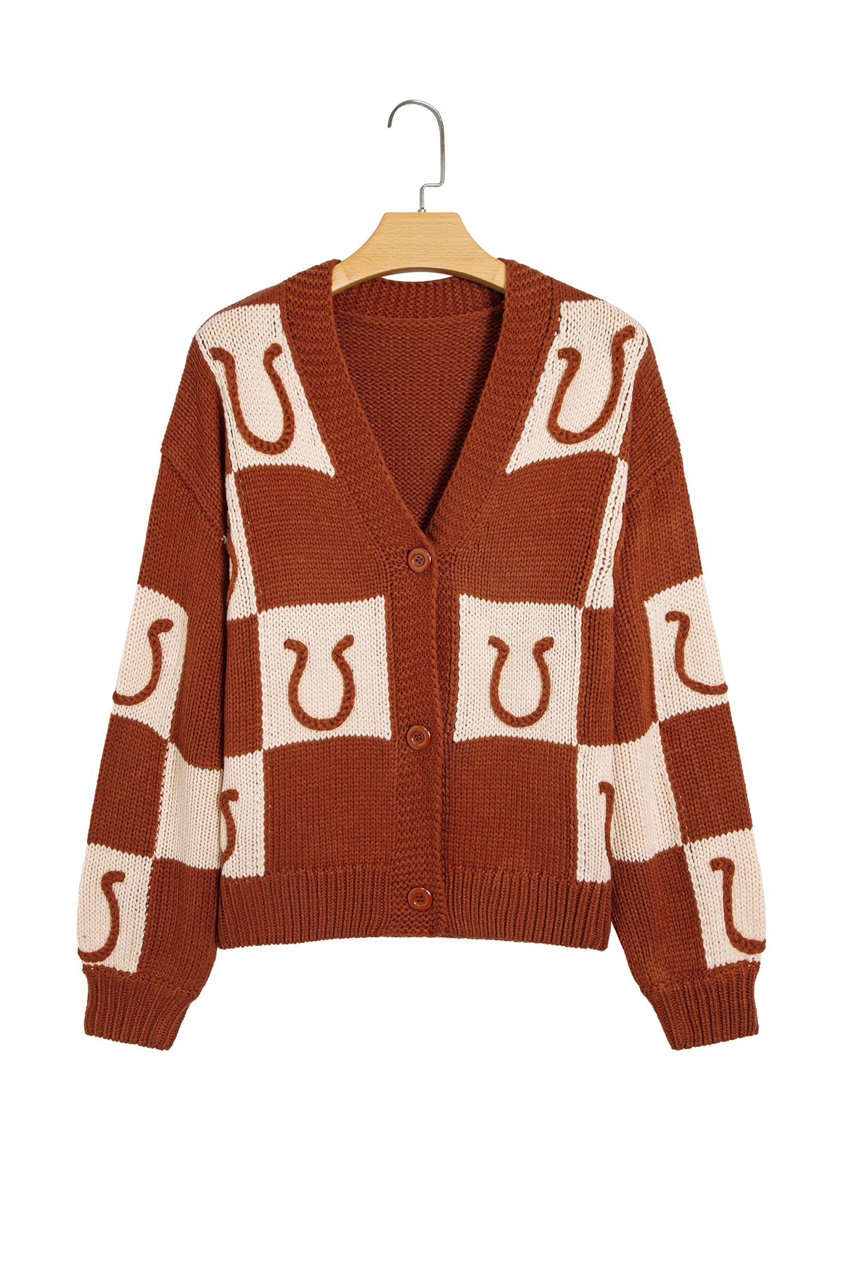Brown Horseshoe Plaid V Neck Knit Button Front Sweater Cardigan