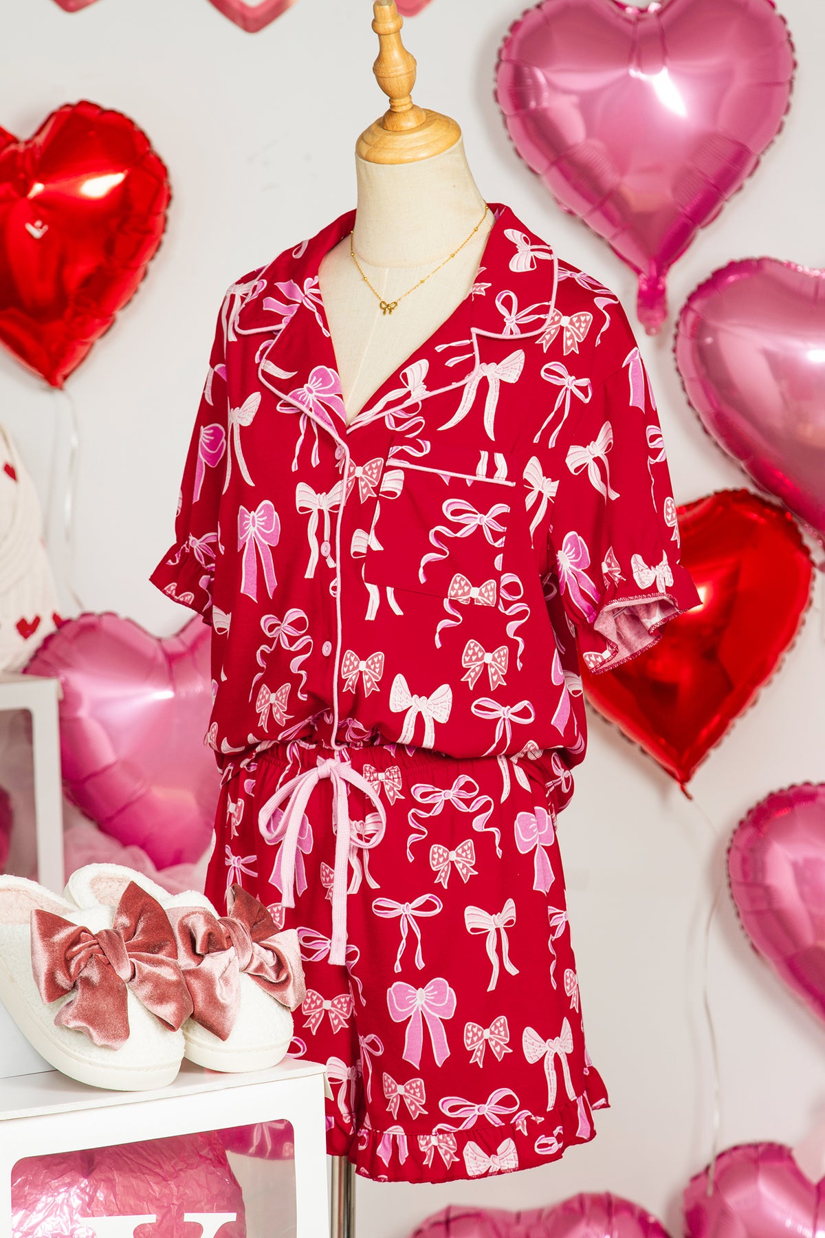 Red Sweet Bow Print Ruffled Short Sleeve Shirt Shorts 2pcs Pajama Set