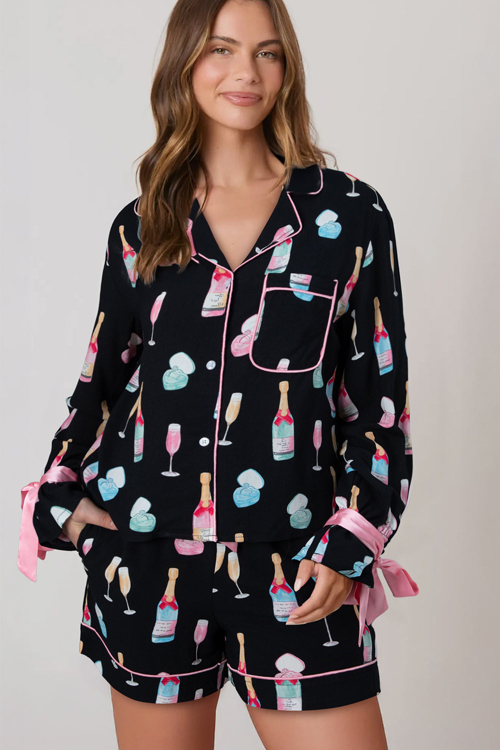Color black Christmas Wine Glass Print Bow Knot Two Piece Pajama Set