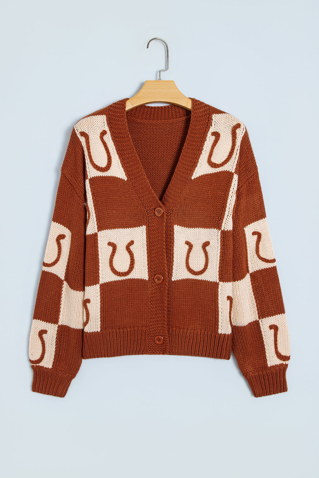 Brown Horseshoe Plaid V Neck Knit Button Front Sweater Cardigan