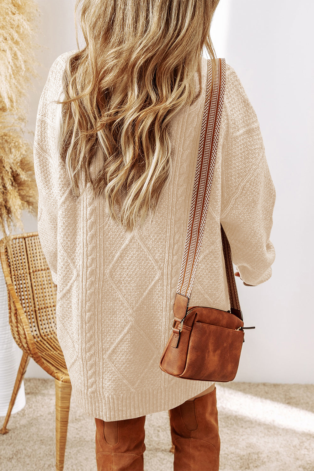 Mist Green Cable Knit Drop Shoulder Loose Fit Sweater Dress