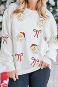 White Corded Rib Sequin Santa Bow Patched Drop Shoulder Graphic Sweatshirt
