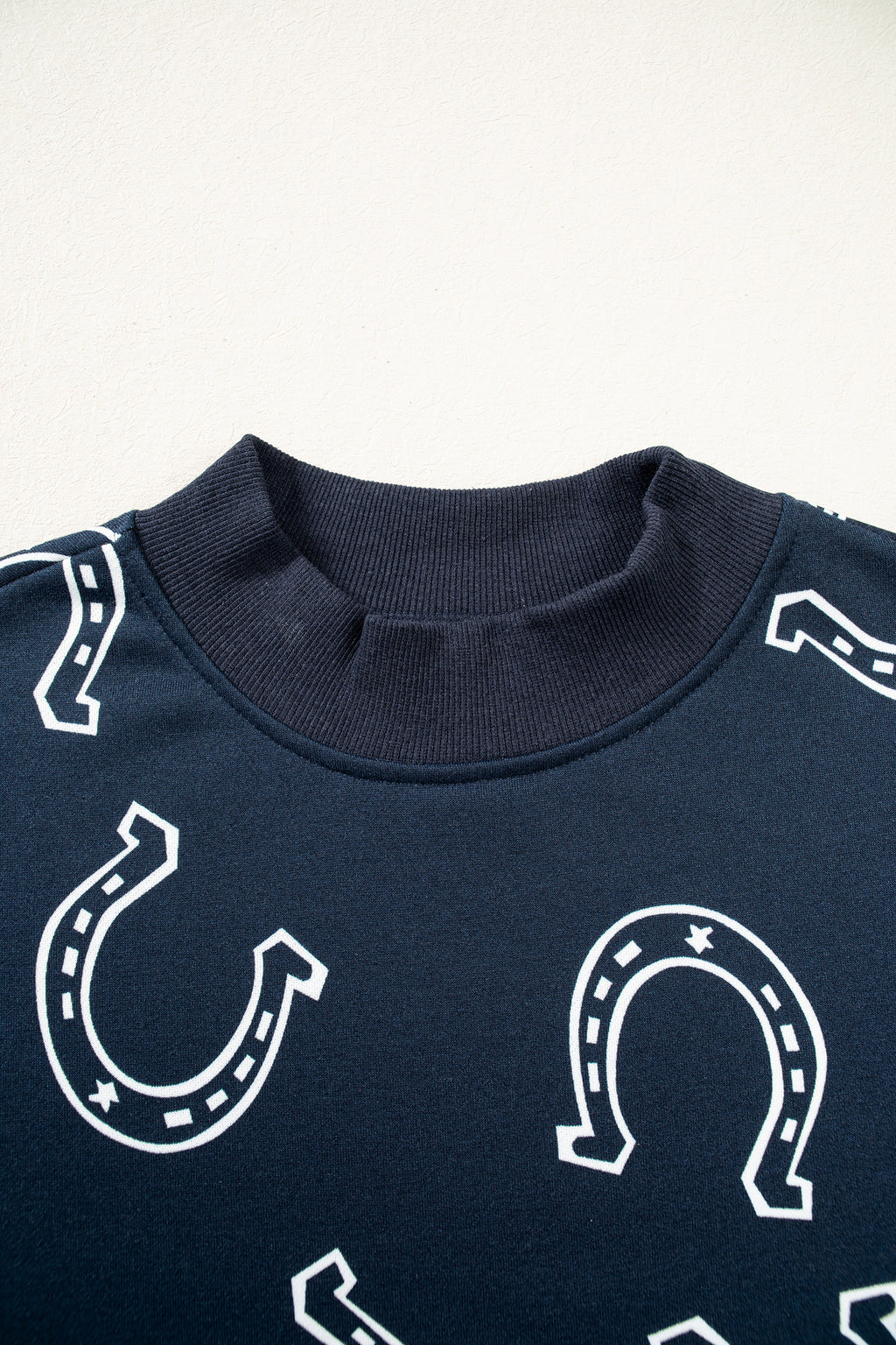 Blue Western Horseshoe Print Mock Neck Casual Pullover Sweatshirt