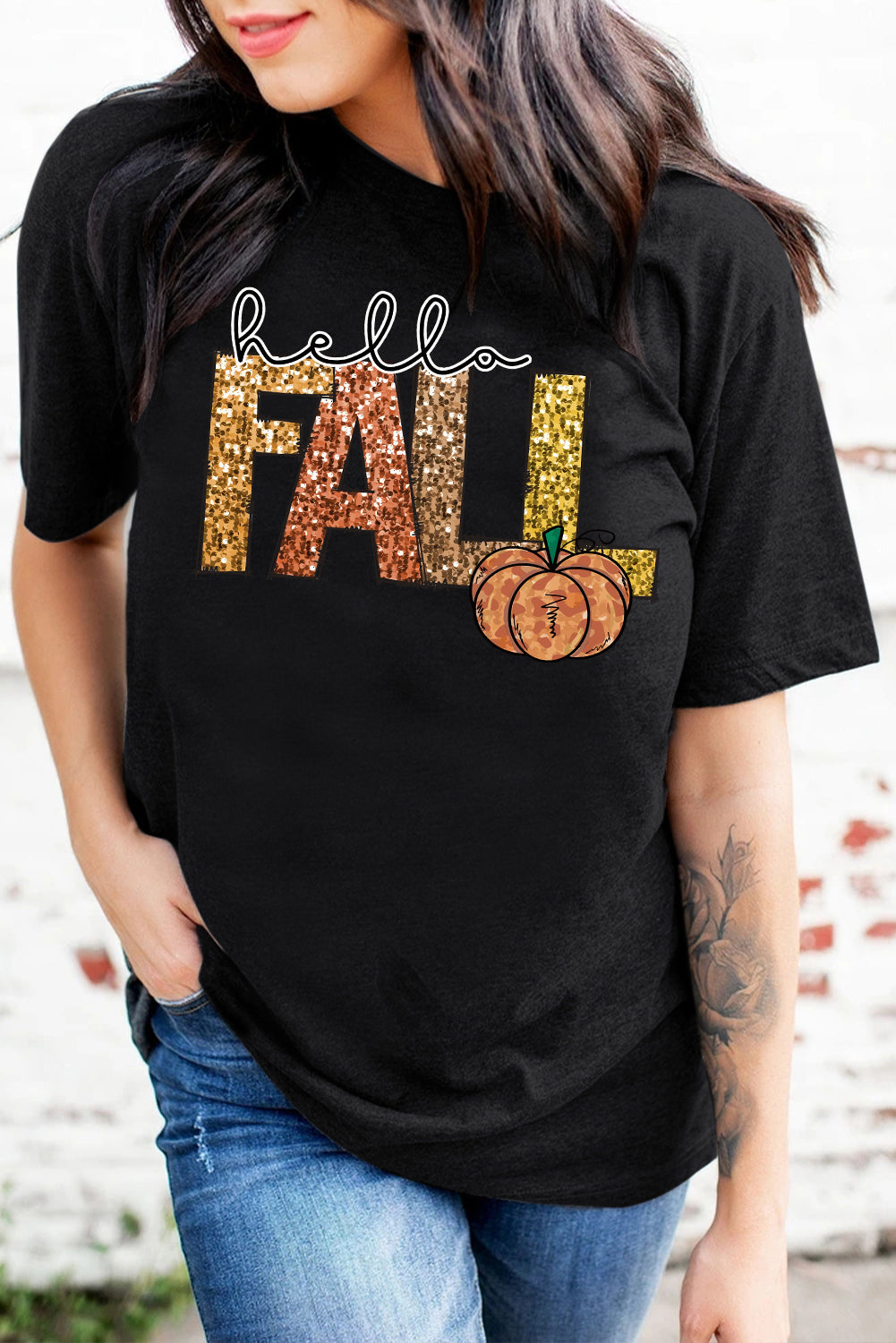 Black Hello Fall Letter Pumpkin Printed Thanksgiving T Shirt