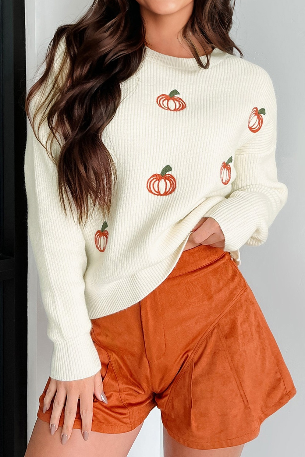 Beige Pumpkin Embroidered Ribbed Thanksgiving Halloween Holiday Sweater
