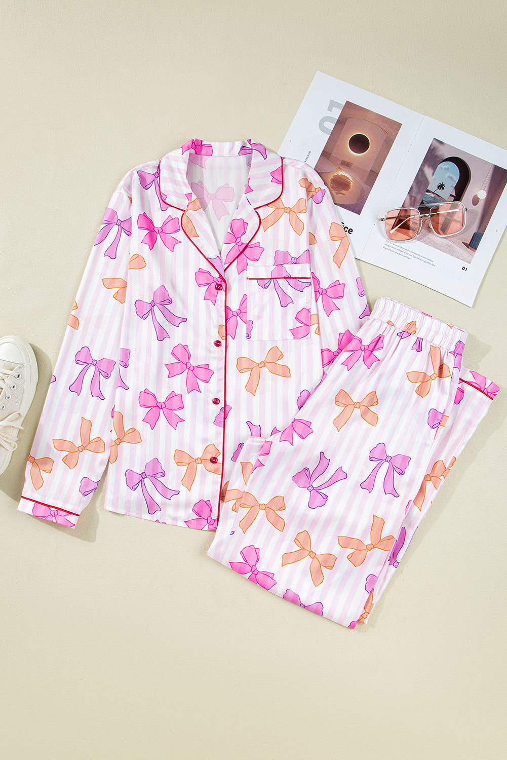 Pink Striped Bow Print Contrast Piping Trim Shirt and Pants 2pcs Pajama Set