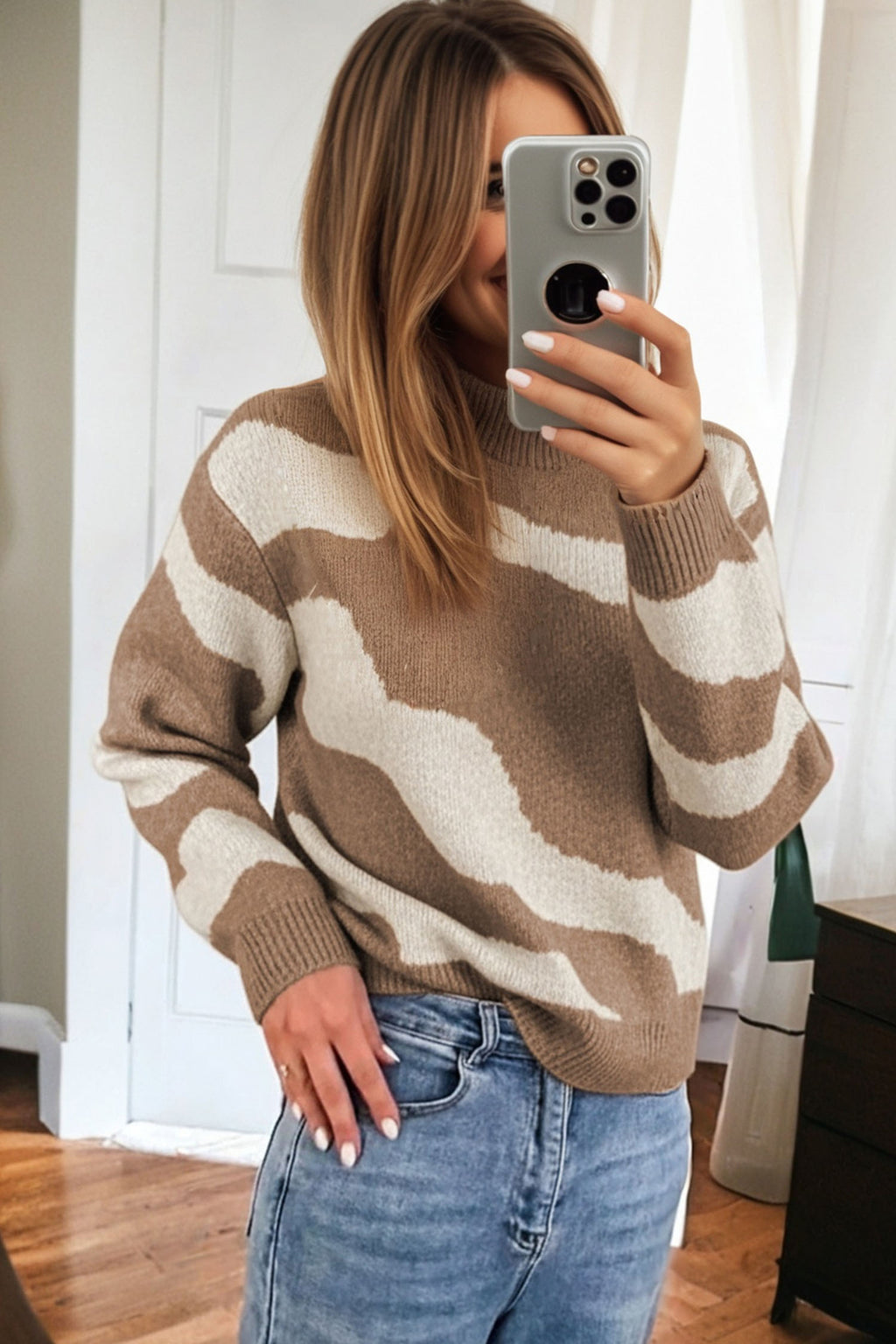Dark Khaki Abstract Print Ribbed Trim Mock Neck Chic Sweater