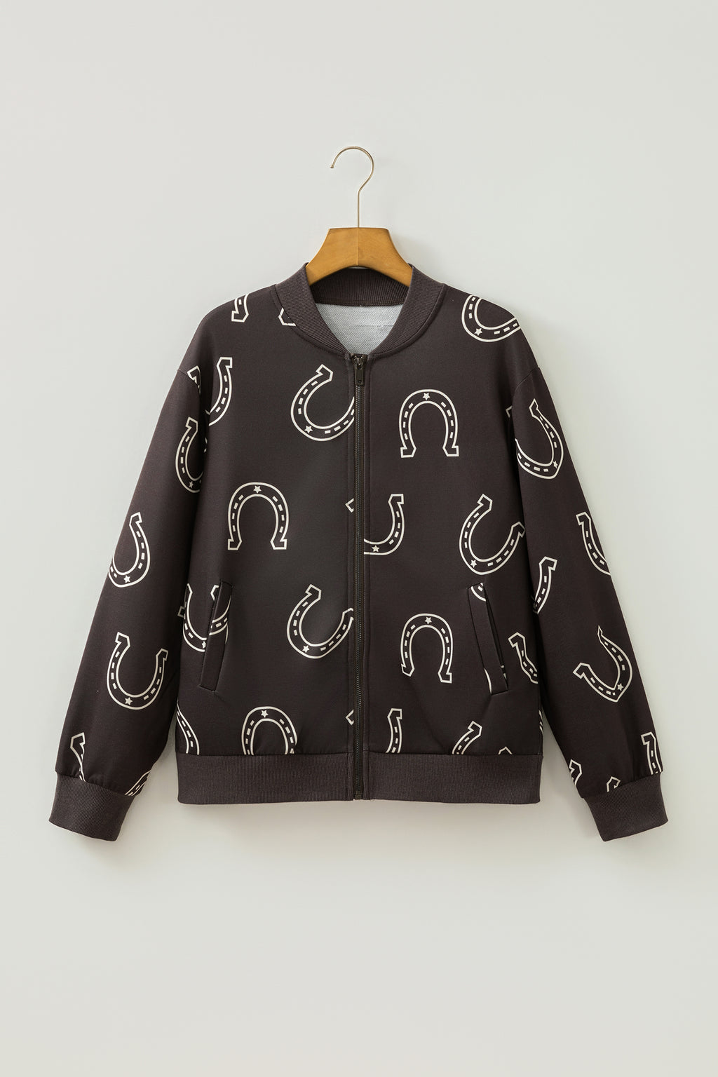 Brown Western Horseshoe Print Zipper Pocket Shift Jacket