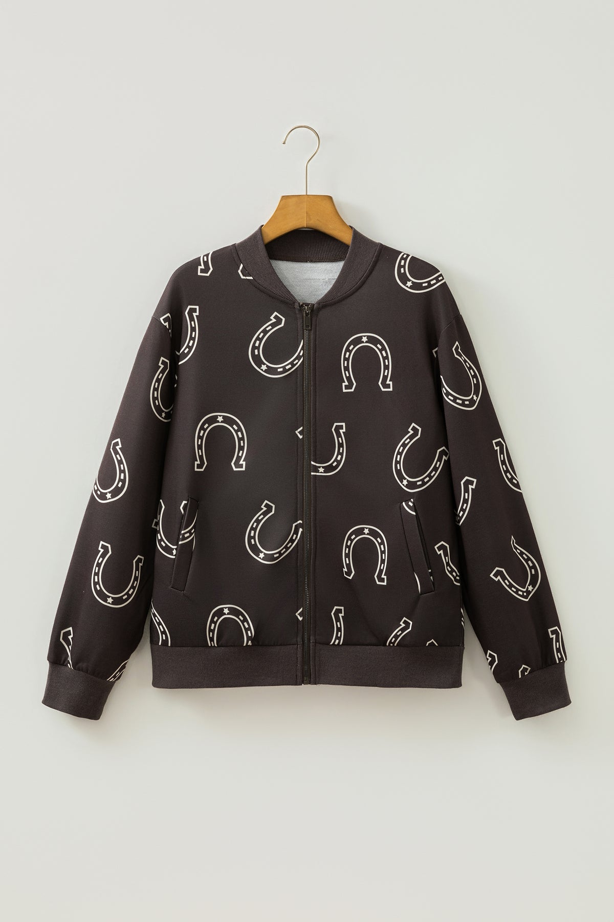 Brown Western Horseshoe Print Zipper Pocket Shift Jacket