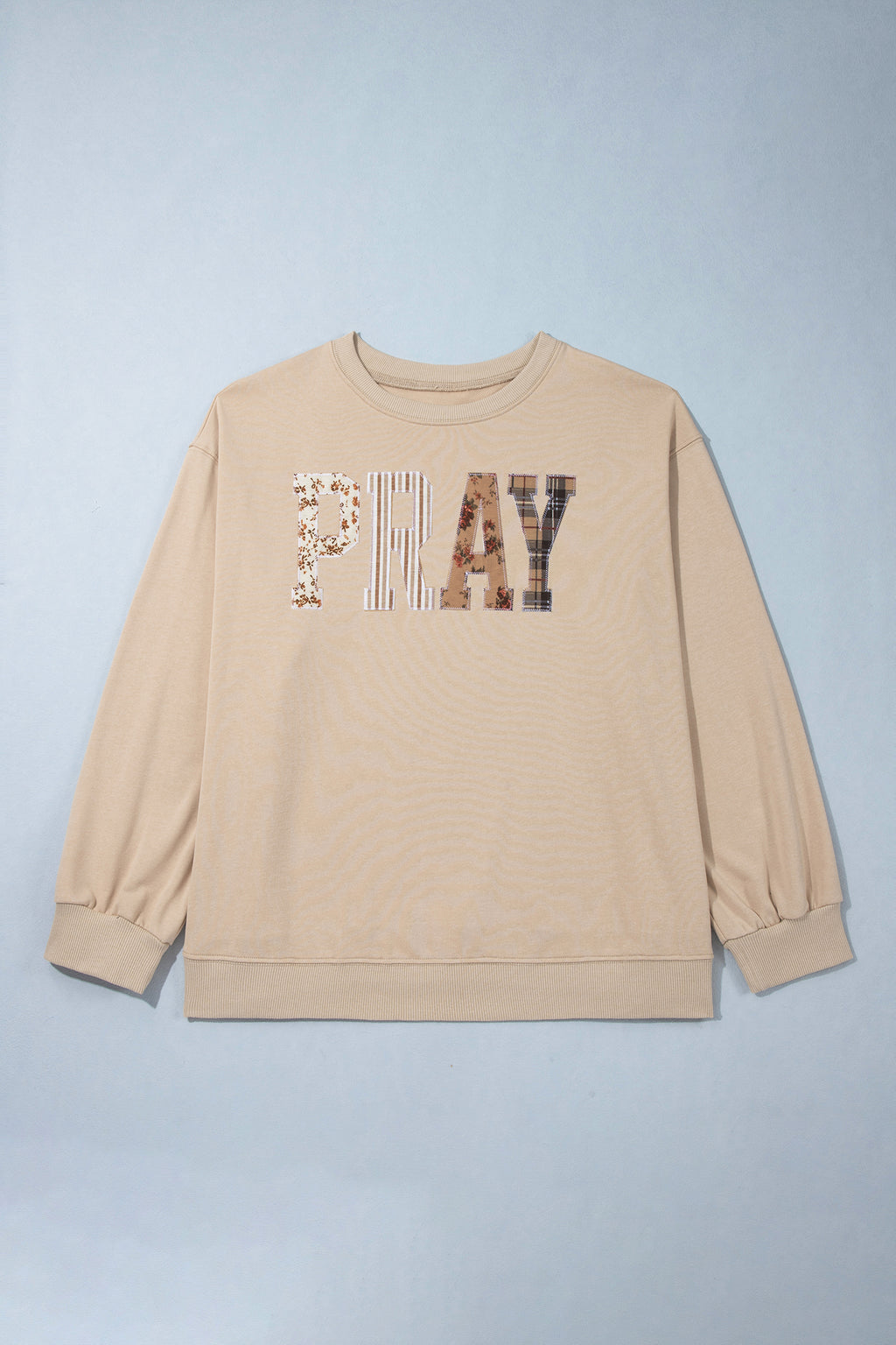 Coffee PRAY Letter Patchwork Round Neck Long Sleeve Plus Size Sweatshirt