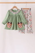 Sage Reindeer Applique Floral Ruffle Pants Set