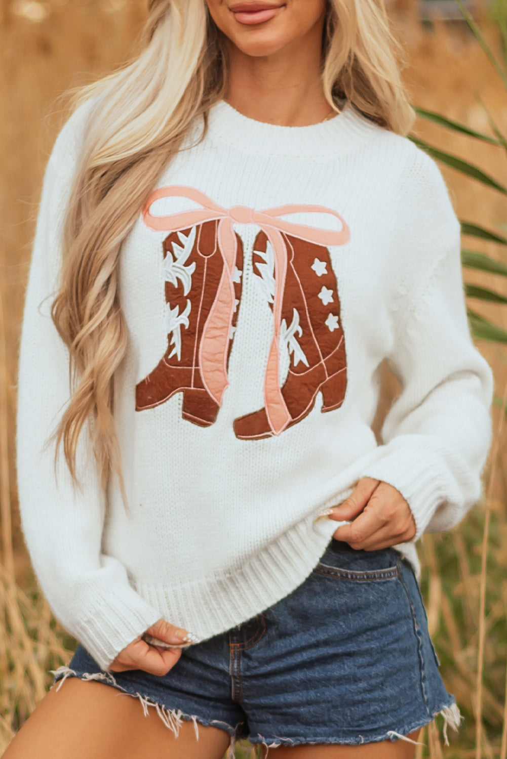 White Embroidered Bow Boots Graphic Drop Shoulder Sweater