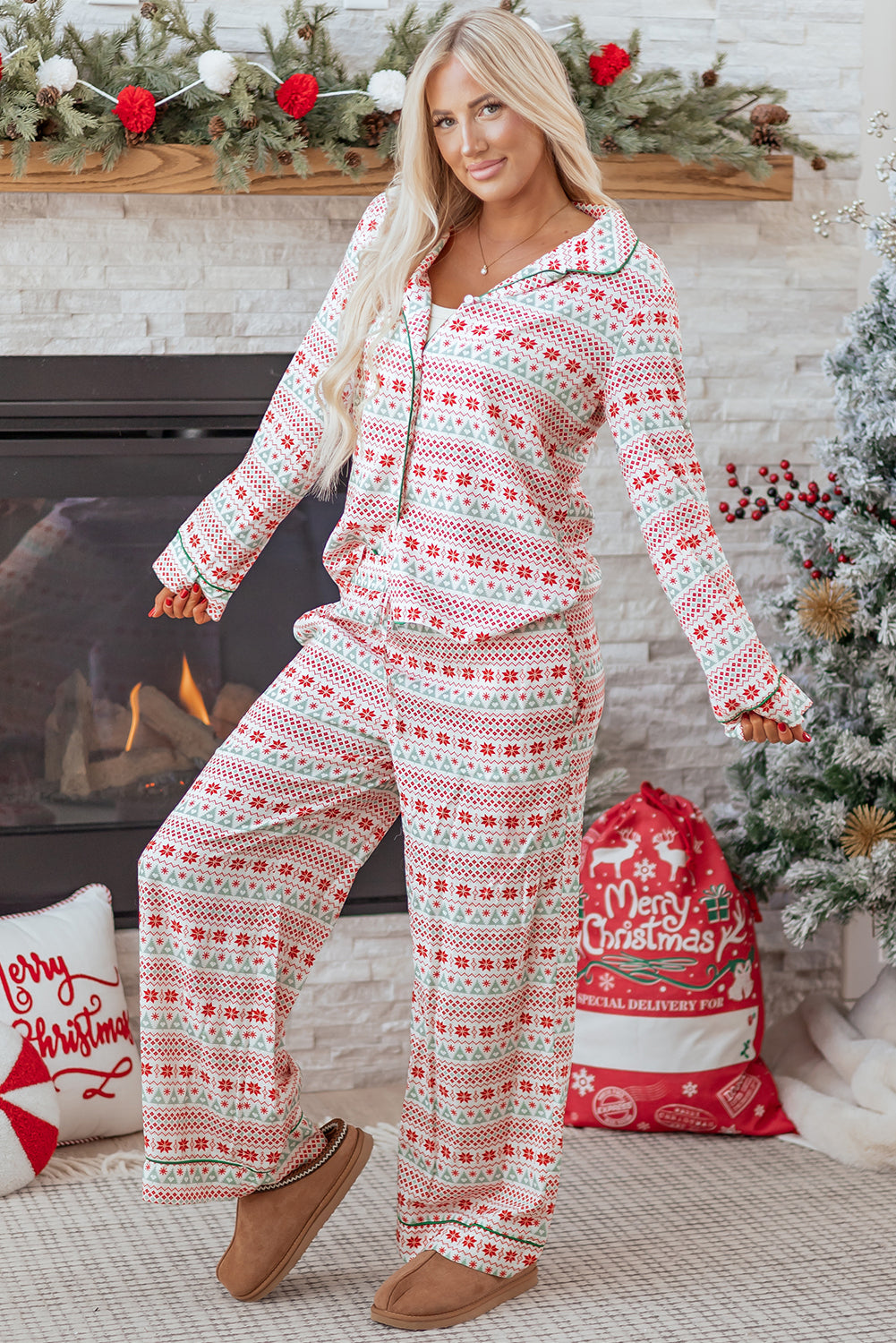 White Christmas Pattern Print Shirt Style Long 2pcs Pajama Set