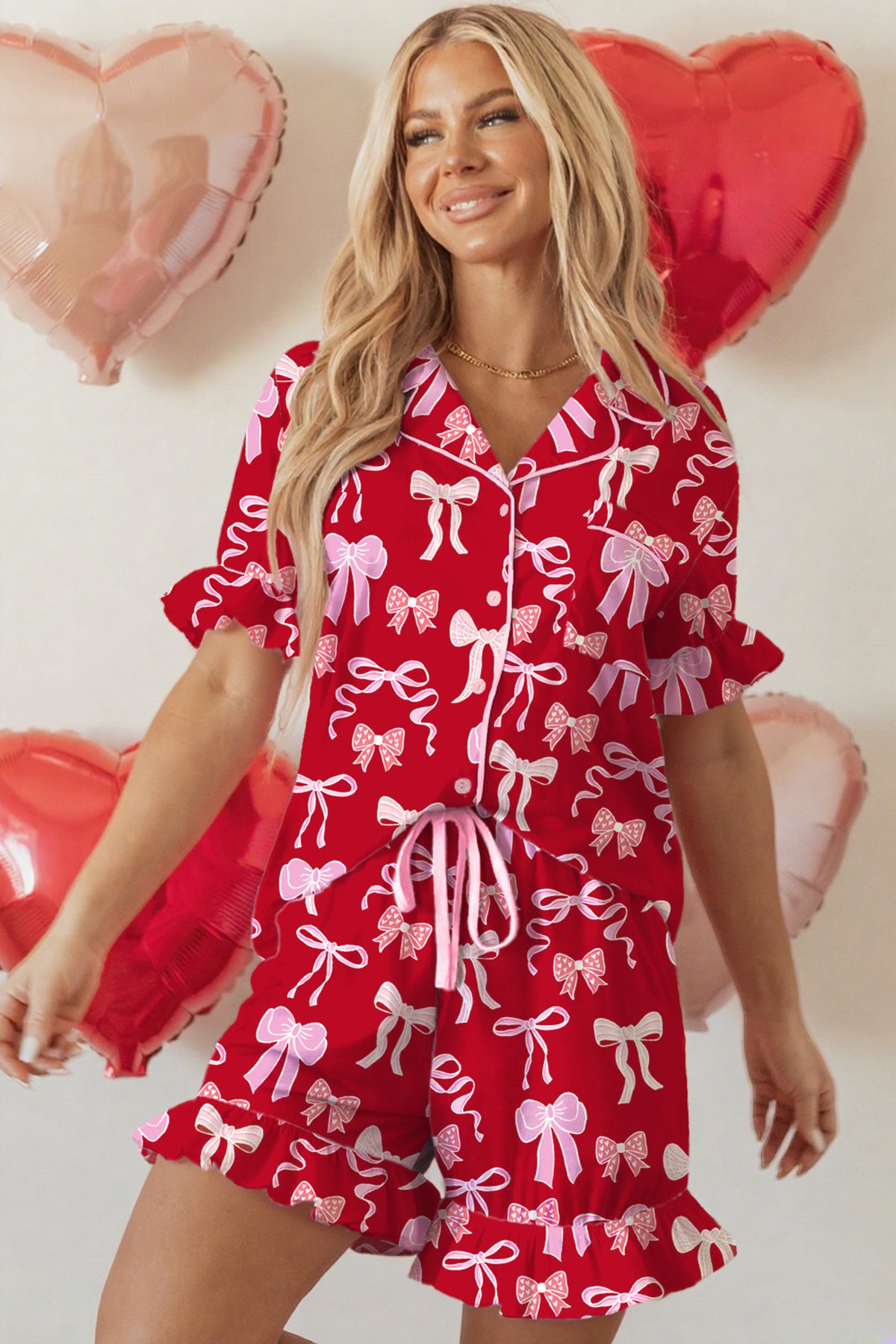 Red Sweet Bow Print Ruffled Short Sleeve Shirt Shorts 2pcs Pajama Set