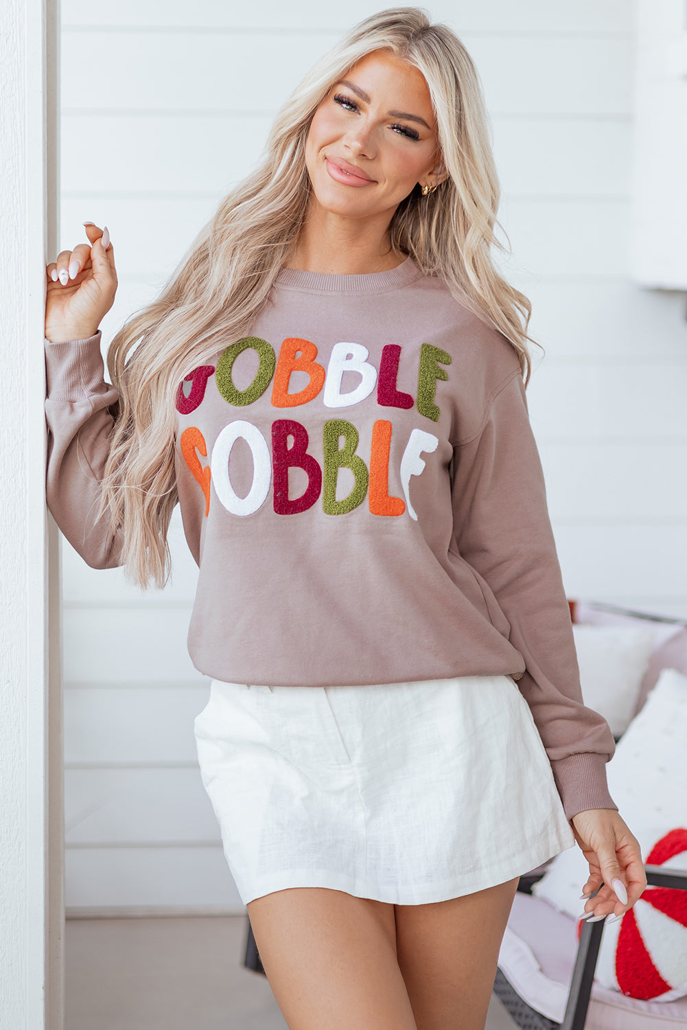 Dark Khaki GOBBLE Letter Graphic Thanksgiving Shift Sweatshirt